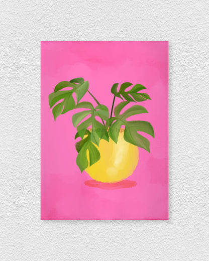 art print Illustration of a potted plant with green leaves on a pink background