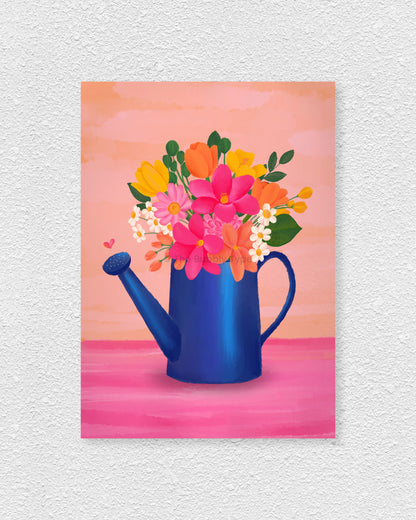 Blue watering can with colourful flowers on a pink background art print