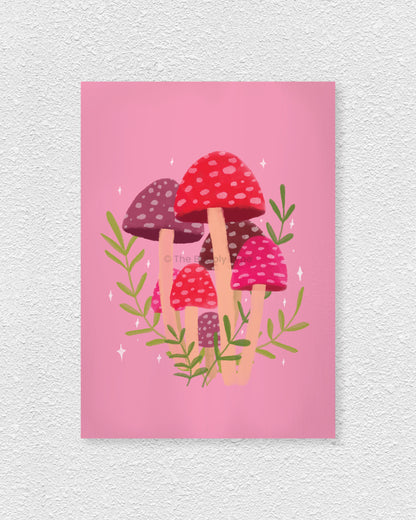 Illustration of colourful mushrooms on a pink background