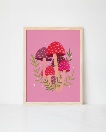 Framed artwork with colorful mushroom design on a pink background