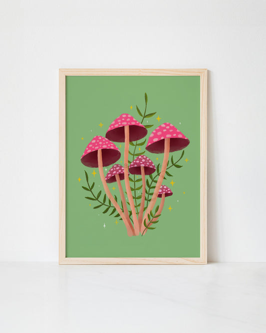Framed artwork print of pink mushrooms on a green background