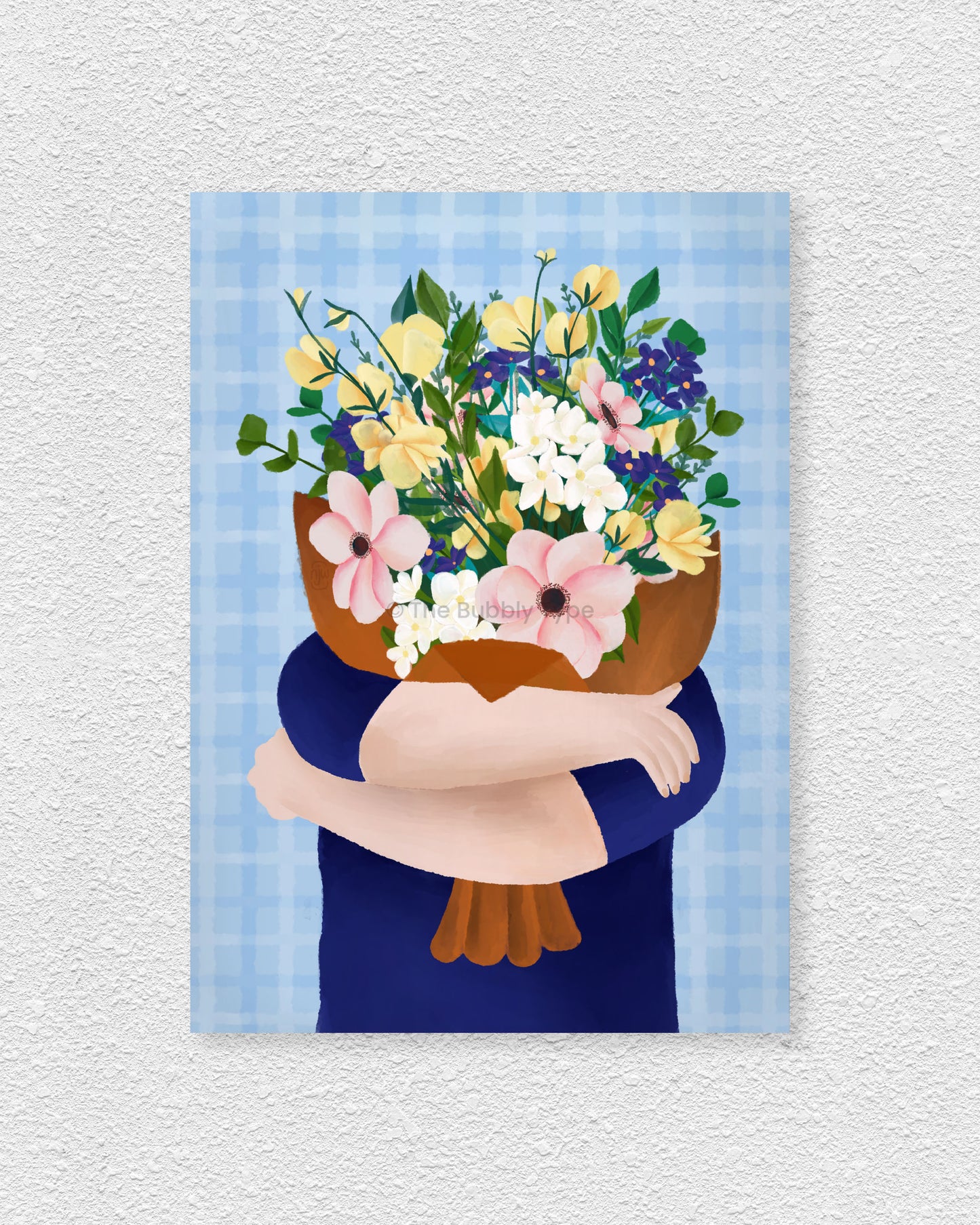 Art Print featuring an Illustration of a person holding a large bouquet of flowers against a blue checkered background