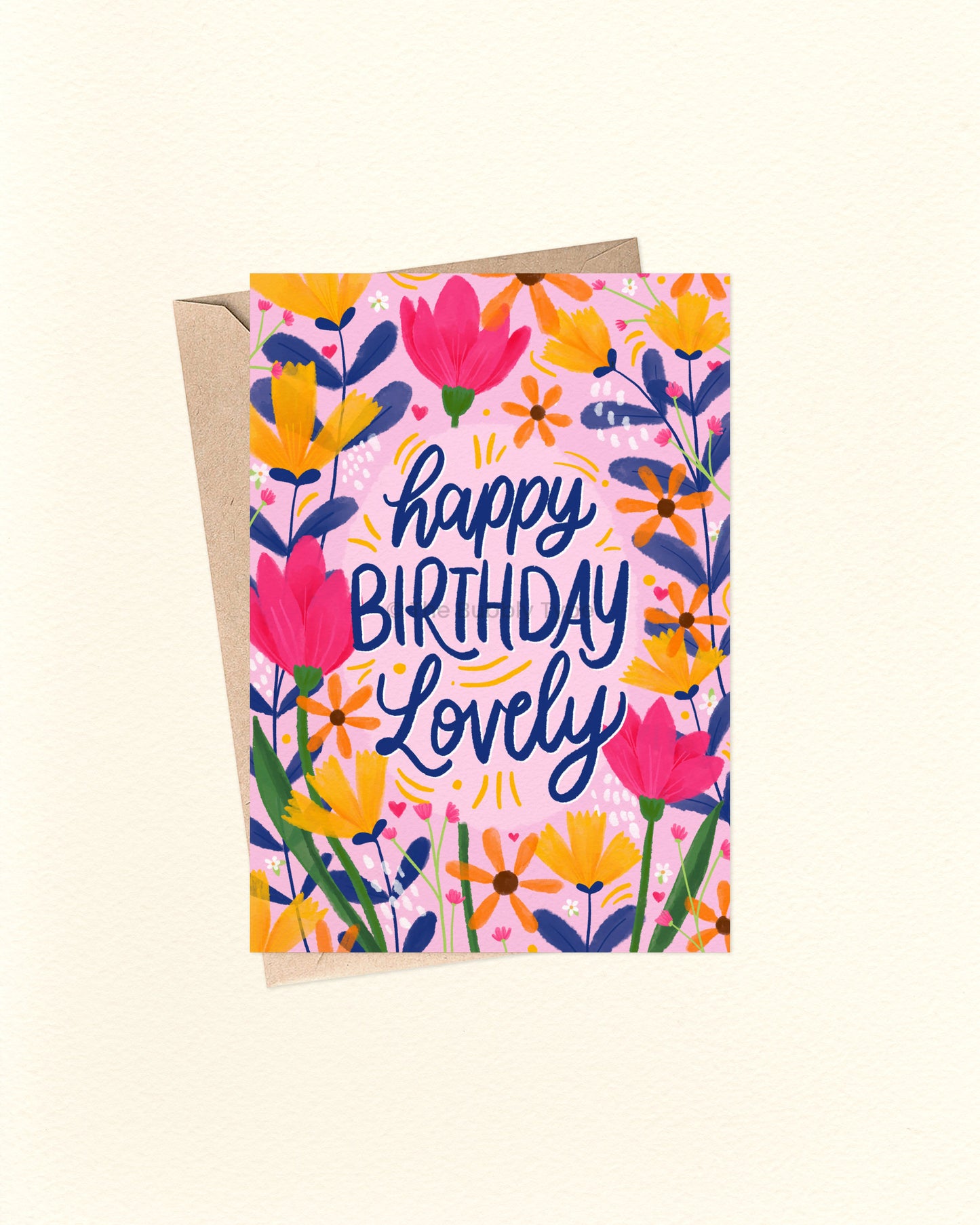 Birthday card with floral design and 'Happy Birthday Lovely' text on a white background