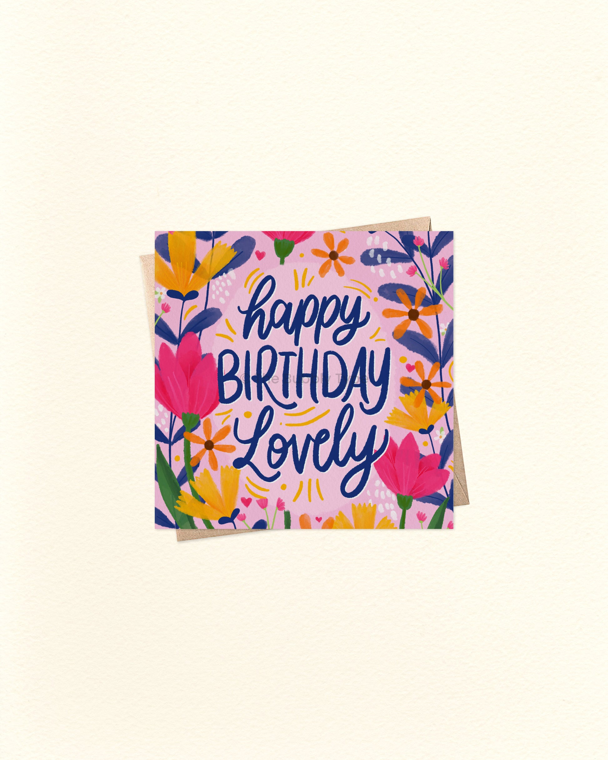 Birthday card with floral design and 'Happy Birthday Lovely' text on a light beige background
