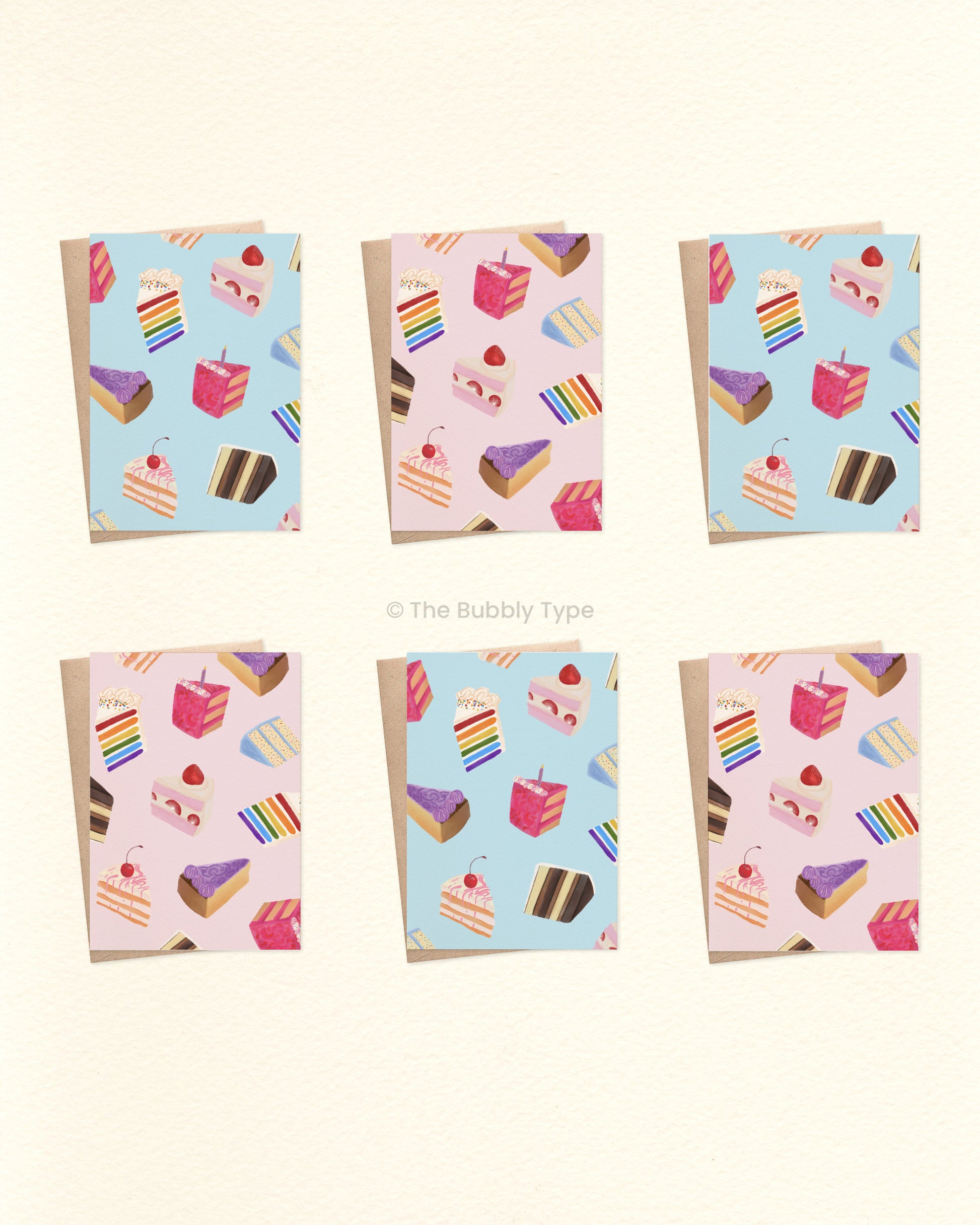 Set of six greeting cards with illustrated cake pattern on a white background