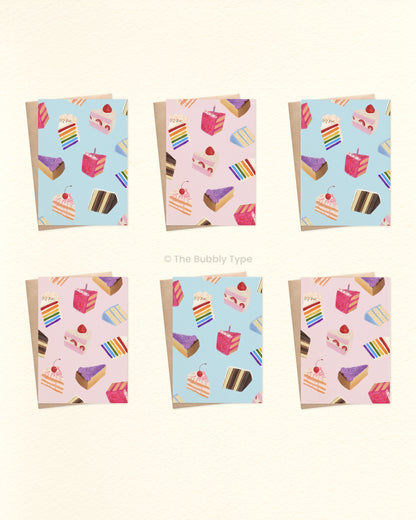Set of six greeting cards with illustrated cake pattern on a white background
