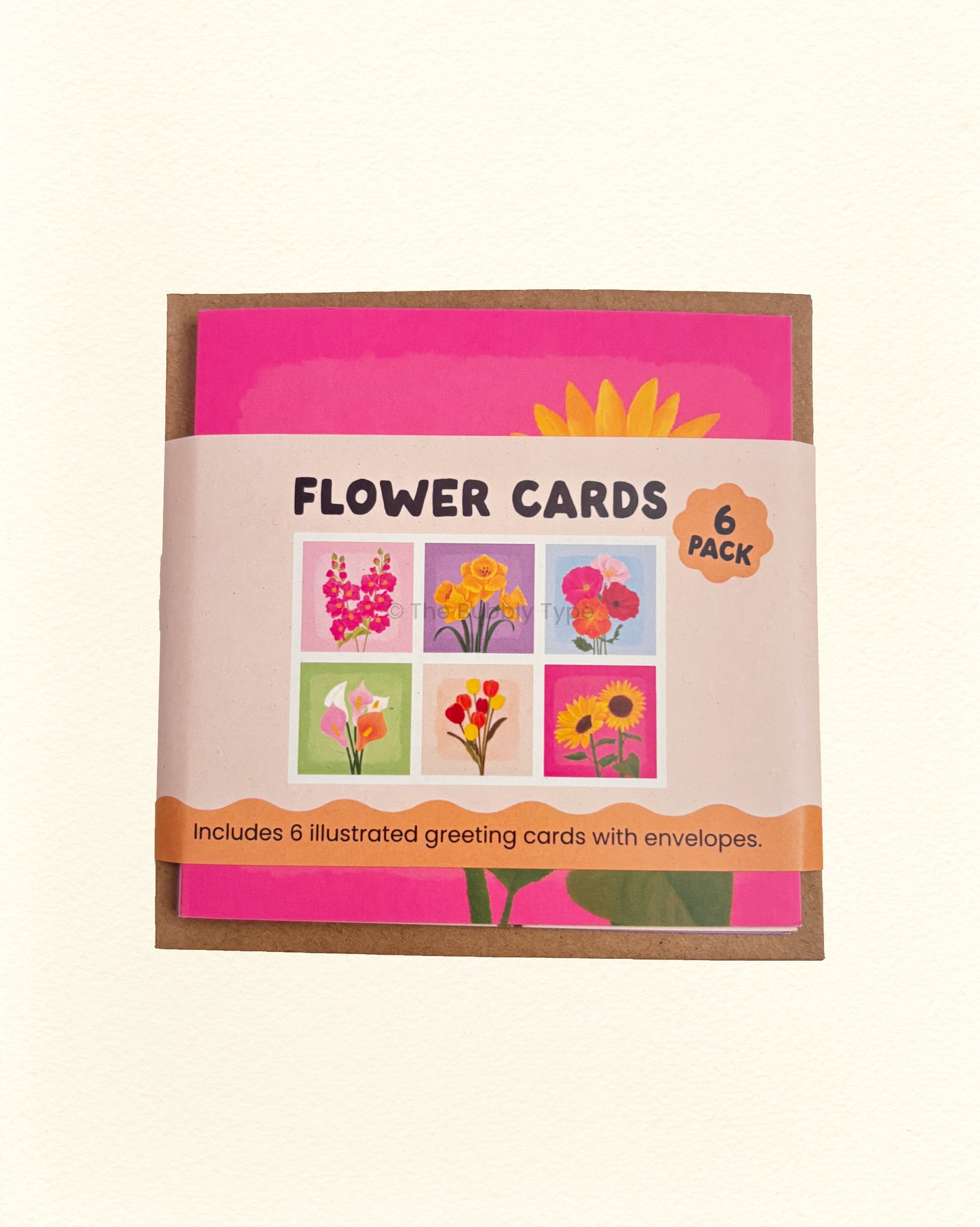 Pack of 6 illustrated flower greeting cards with envelopes on a white background