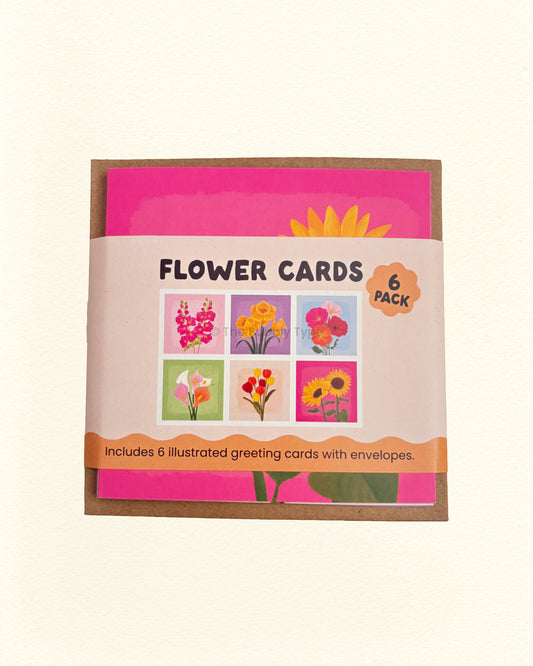 Pack of 6 illustrated flower greeting cards with envelopes on a white background