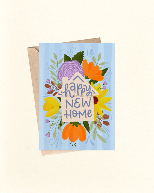 Greeting card with floral design and 'Happy New Home' text on a light beige background