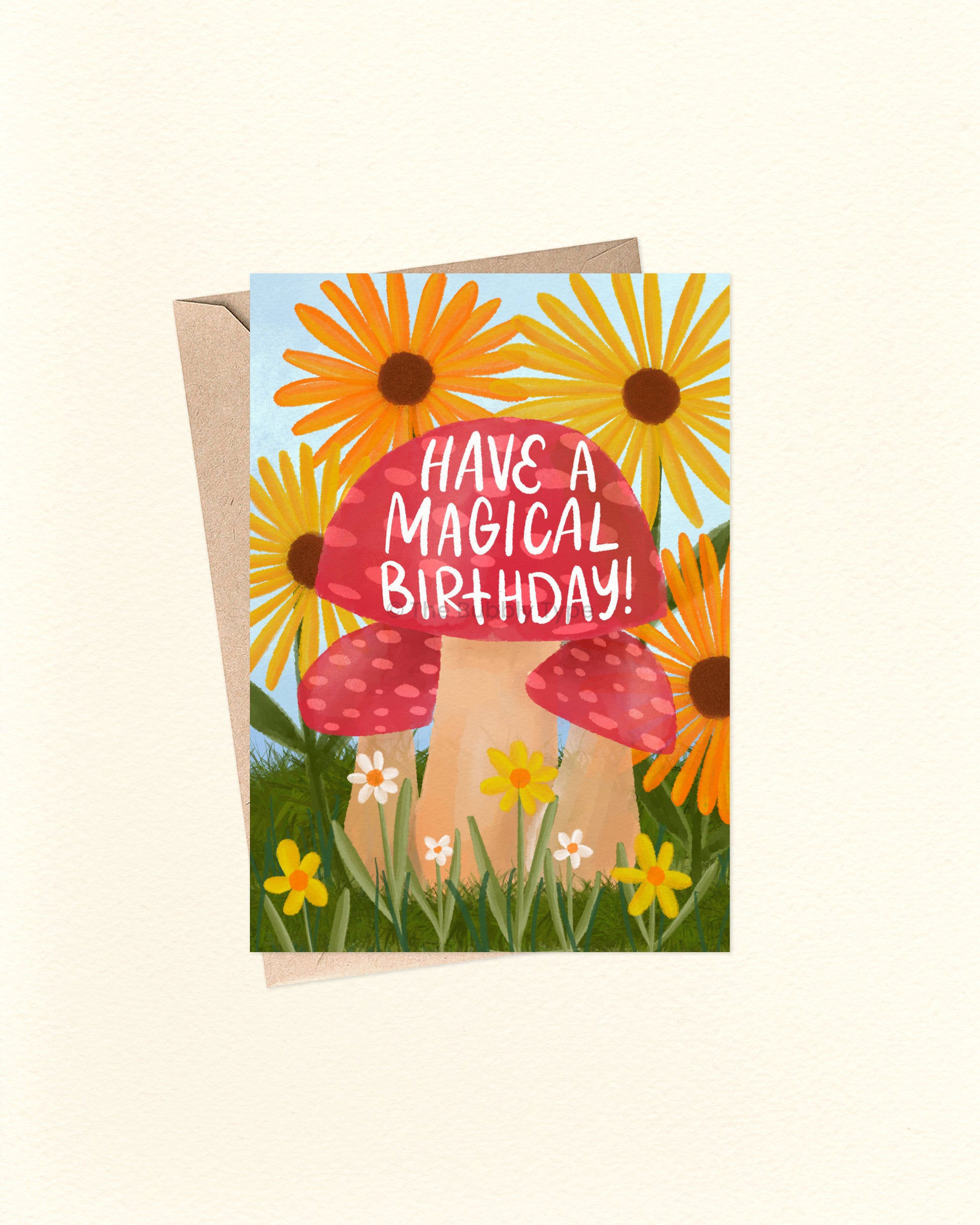 Greeting card with mushroom and sunflower design, text 'Have a Magical Birthday!', on a white background.