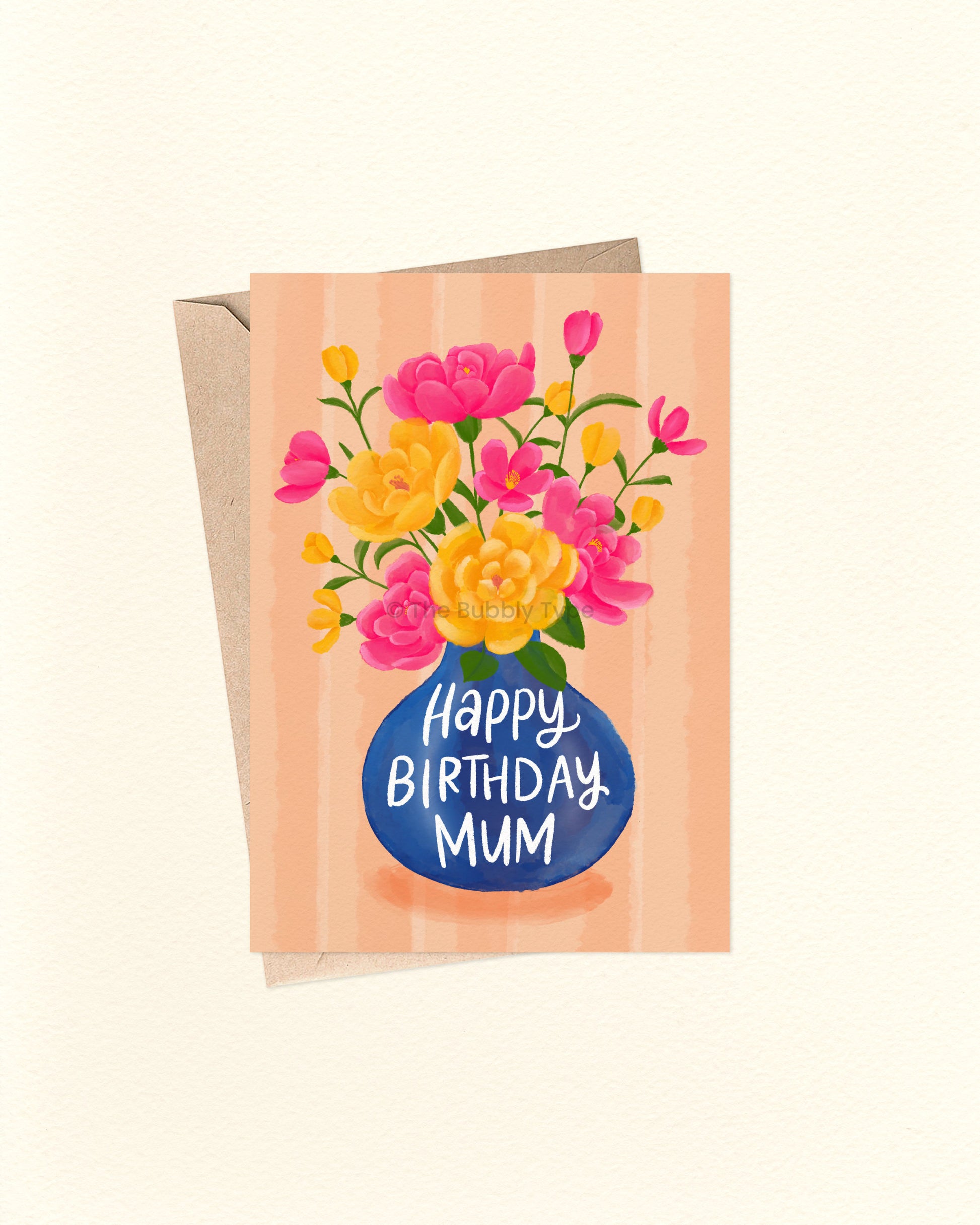 Greeting card with floral design and 'Happy Birthday Mum' text on a peach background