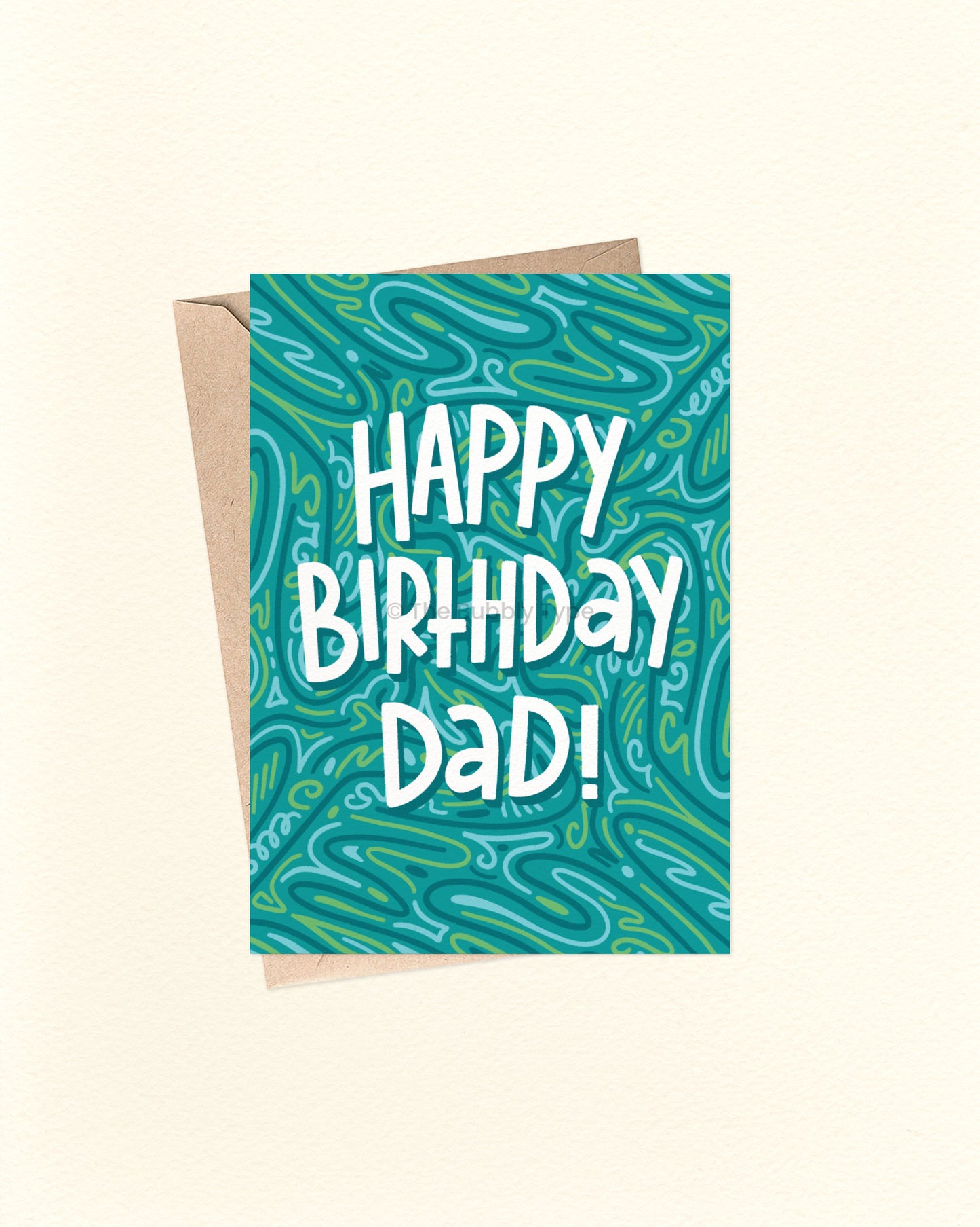 Birthday card for dad with blue/green pattern and 'Happy Birthday Dad!' text on a beige background