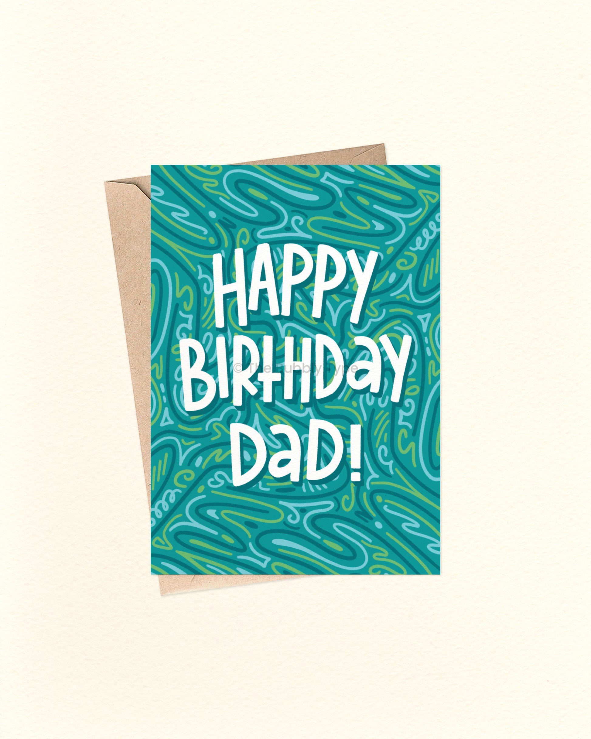 Birthday card for dad with blue/green pattern and 'Happy Birthday Dad!' text on a beige background
