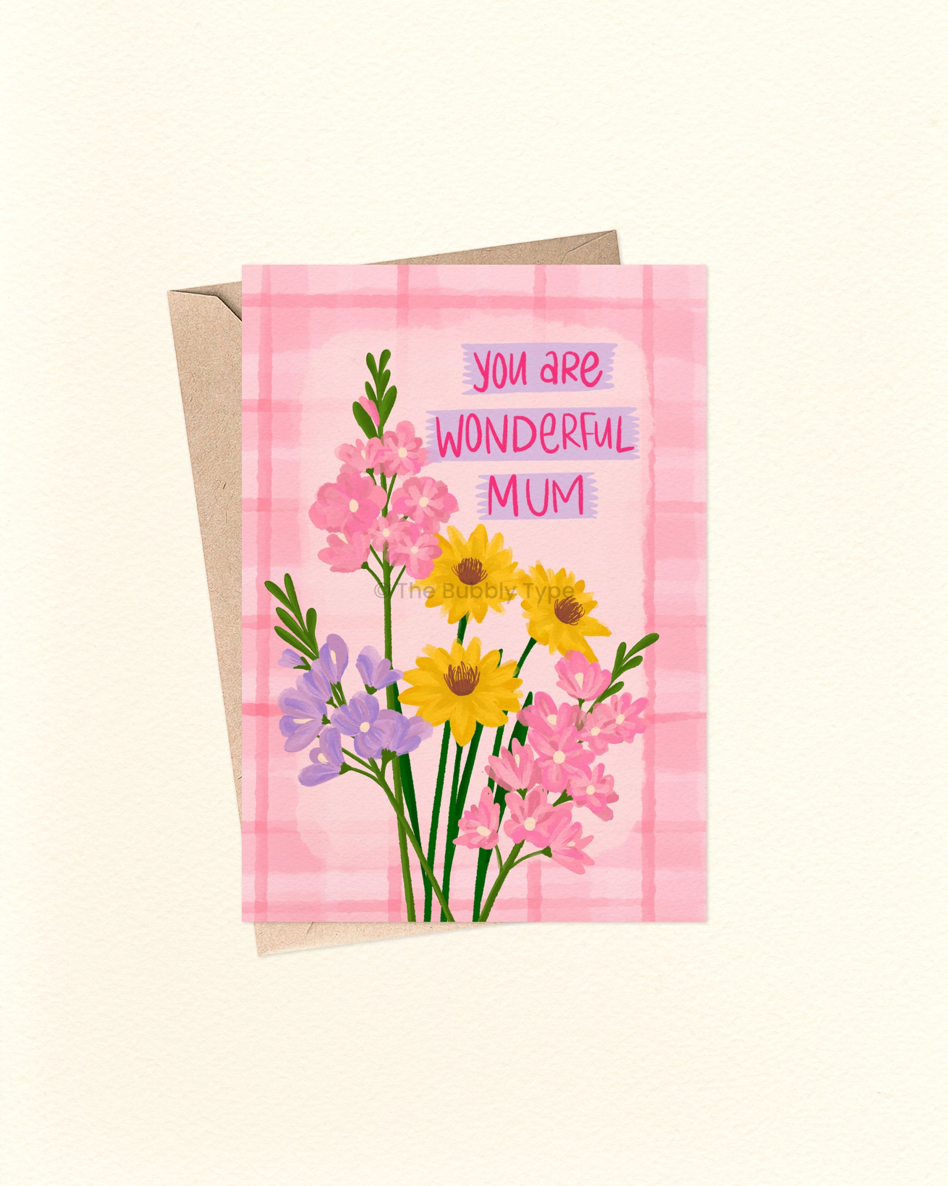 Greeting card with flowers and 'You are wonderful mum' text on a pink background