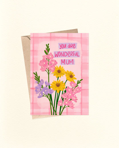 Greeting card with flowers and 'You are wonderful mum' text on a pink background