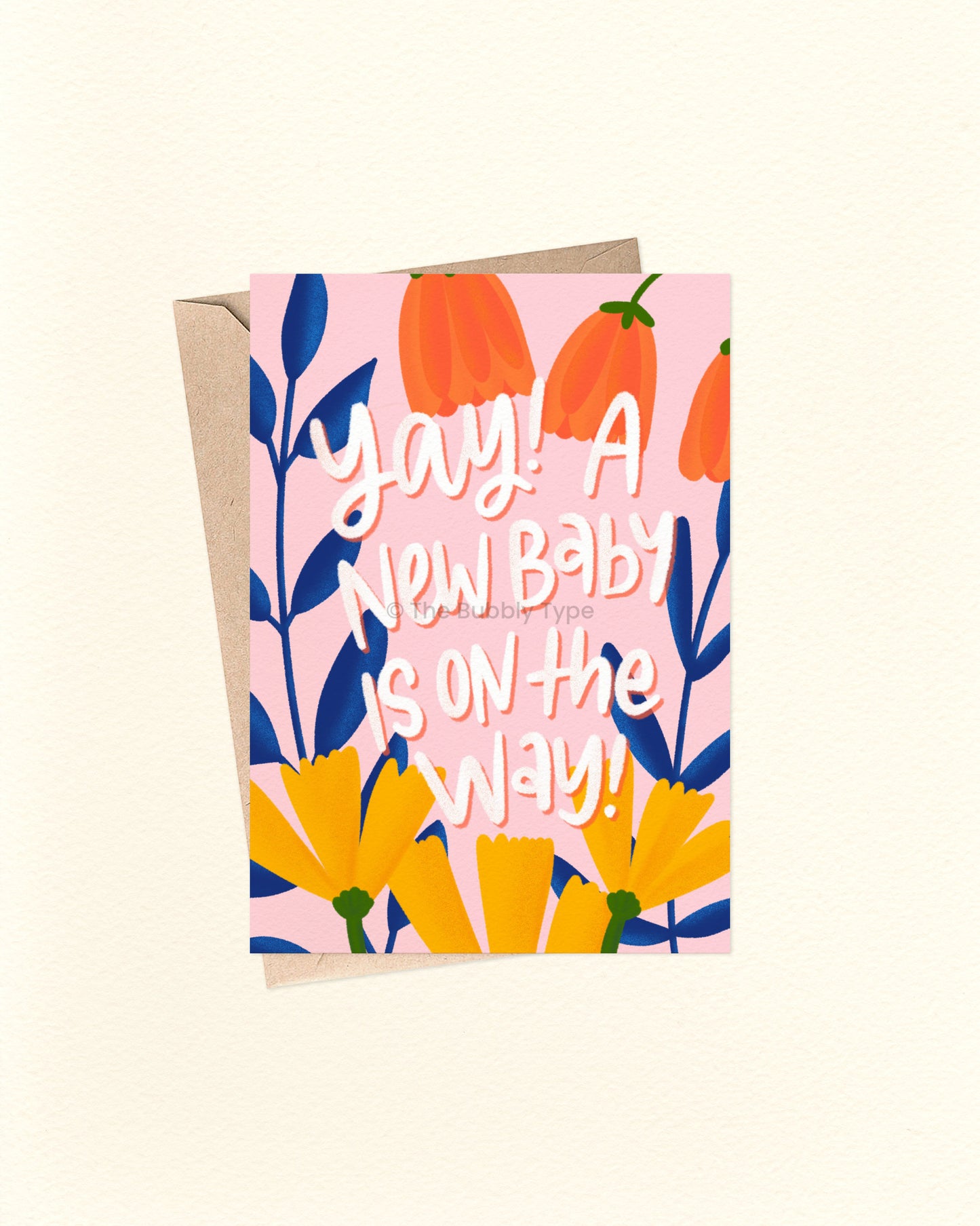 Greeting card with floral design and text on a pink background