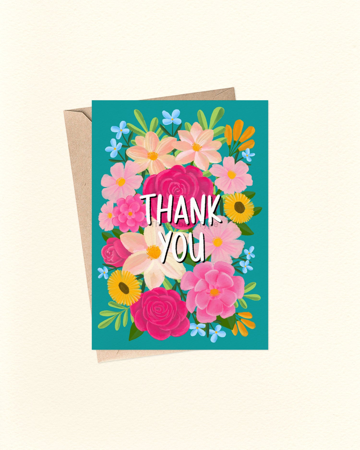 Greeting card with colourful flowers and 'Thank you' text on a teal background