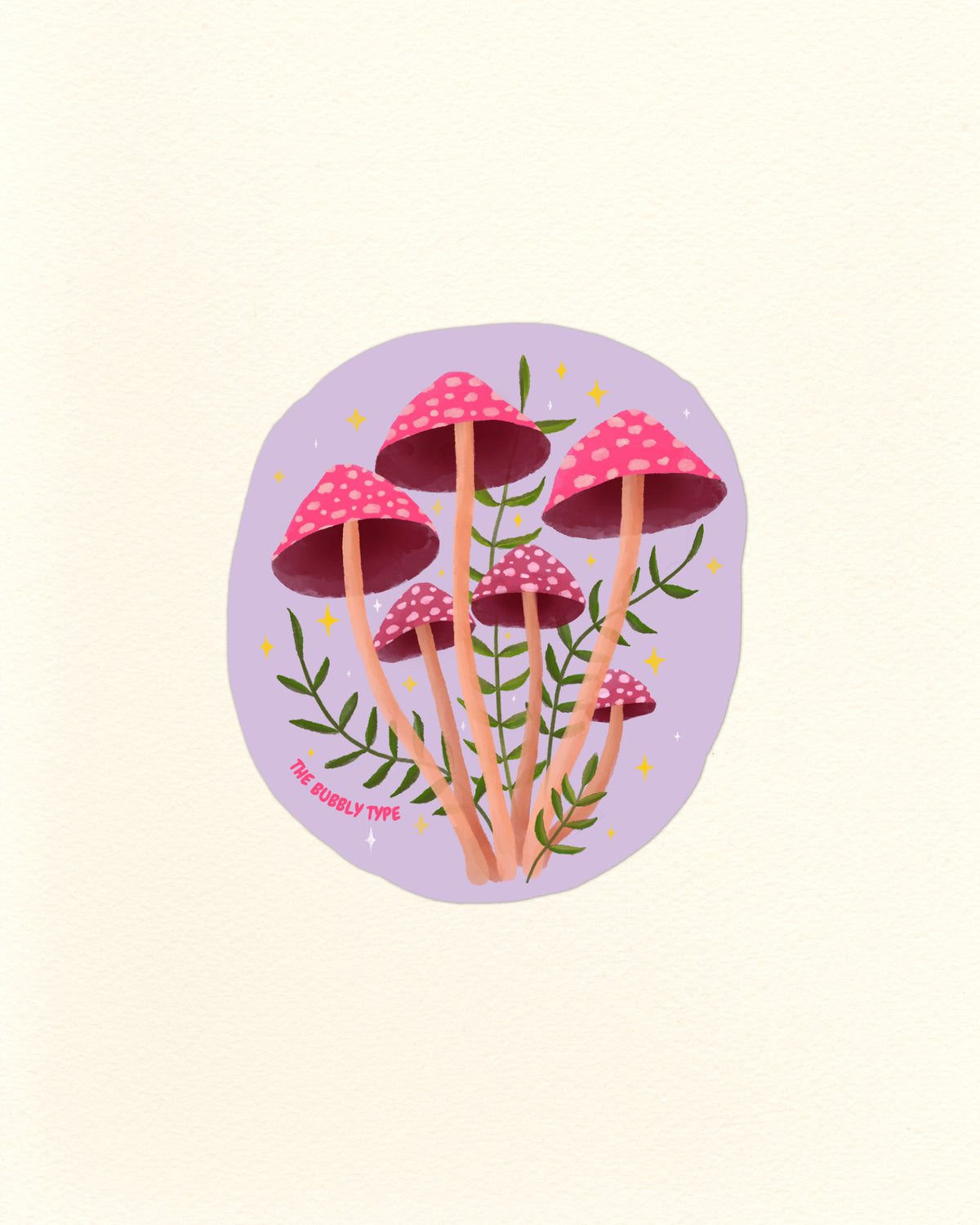 A whimsical illustration of pink mushrooms with white polka dots, green leaves, and small yellow stars inside a lavender oval, centered on a warm cream background. The text 'THE BUBBLY TYPE' appears near the lower left of the illustration.
