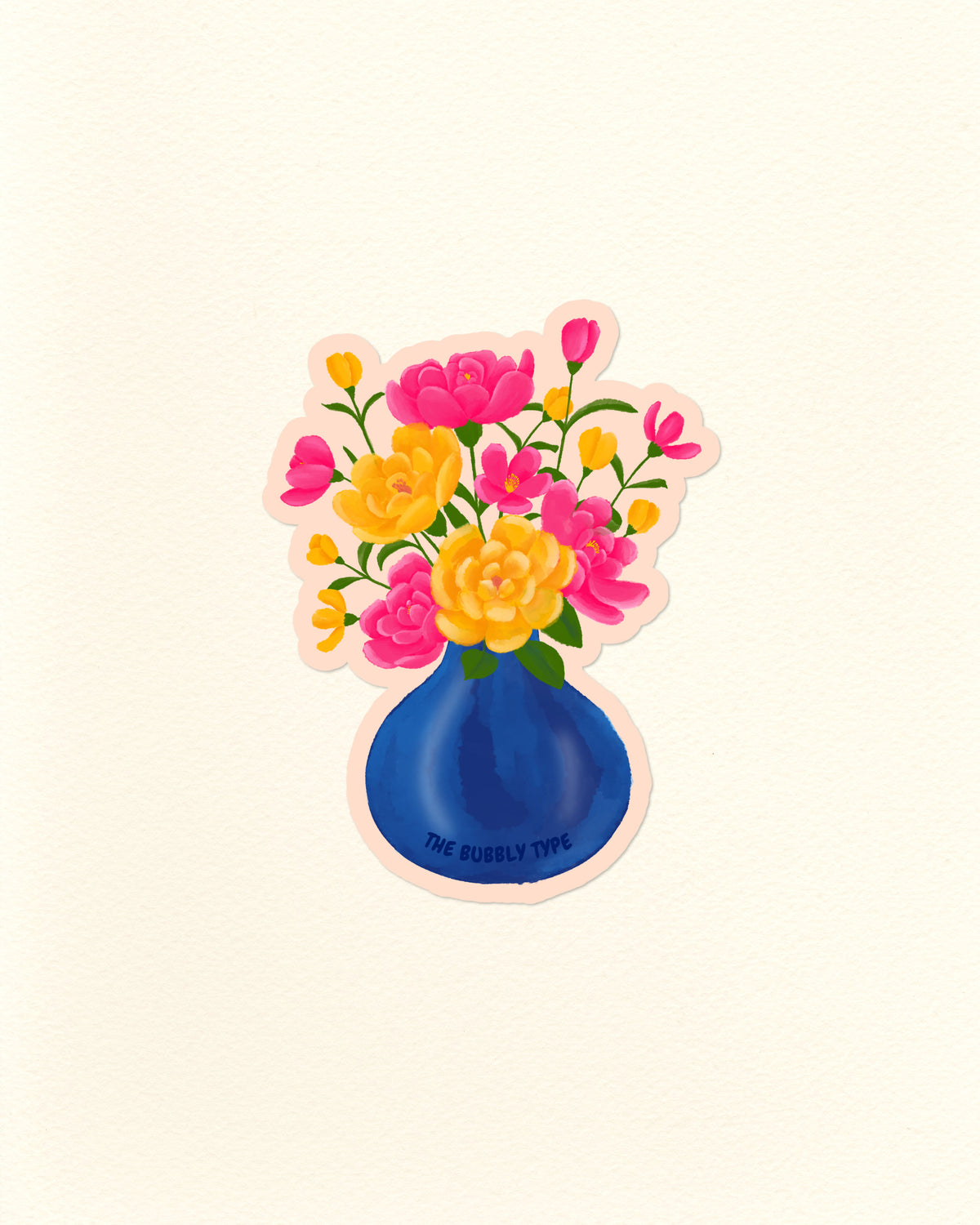 A die-cut sticker featuring a blue vase filled with pink and yellow flowers, shown on a plain off-white background. The sticker has a light pink border and the text 'THE BUBBLY TYPE' printed on the blue vase.