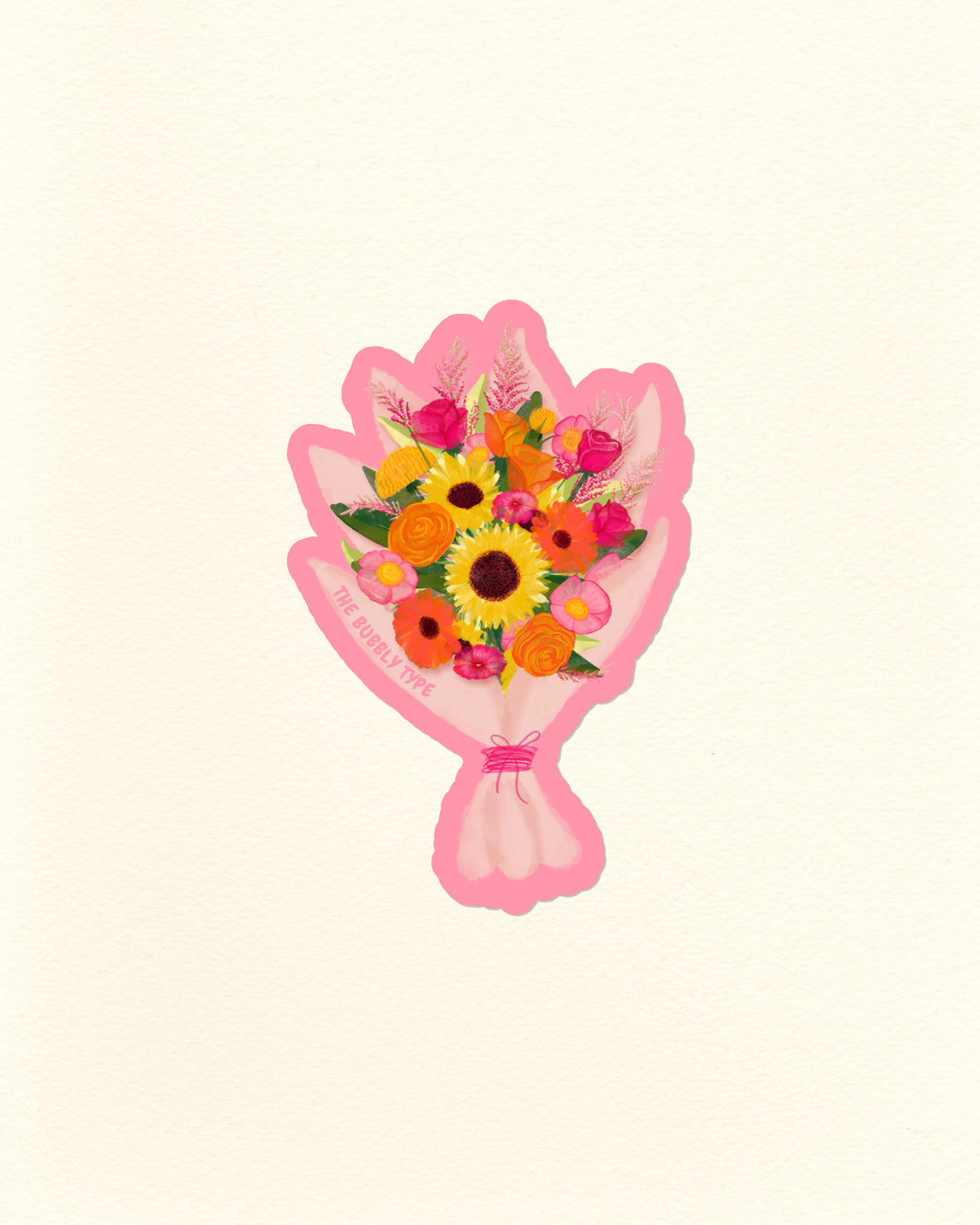 A die cut vinyl sticker with stylised illustration of a bouquet of colourful flowers wrapped in pink paper, centred on a plain off-white background.