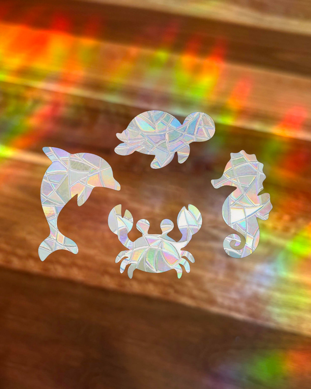 Four iridescent sea creature-shaped decals of a dolphin, turtle, seahorse, and crab, arranged on a wooden surface with colourful rainbow light reflections.