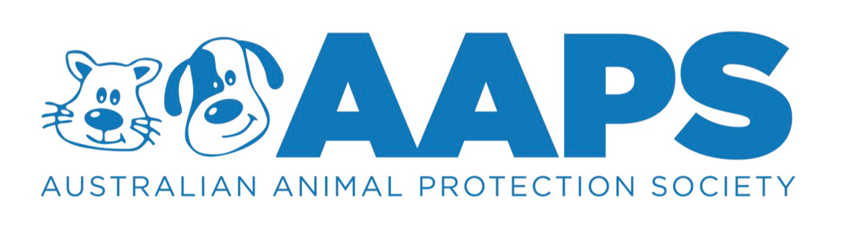 The logo for the Australian Animal Protection Society (AAPS) featuring two blue cartoon animal heads, a cat and a dog, next to the bold blue letters 'AAPS' and the full name 'AUSTRALIAN ANIMAL PROTECTION SOCIETY' in smaller blue text below, all on a white background.