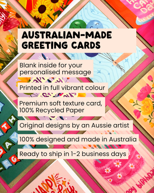 A promotional collage for Australian-made greeting cards, showing multiple colourful greeting card designs layered over a pink background with text describing the cards' features, including blank interior space, vibrant colour printing, recycled paper, and Australian designer origins.
