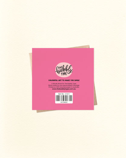the back of a Pink greeting card with 'The Bubbly Type' branding on a beige background