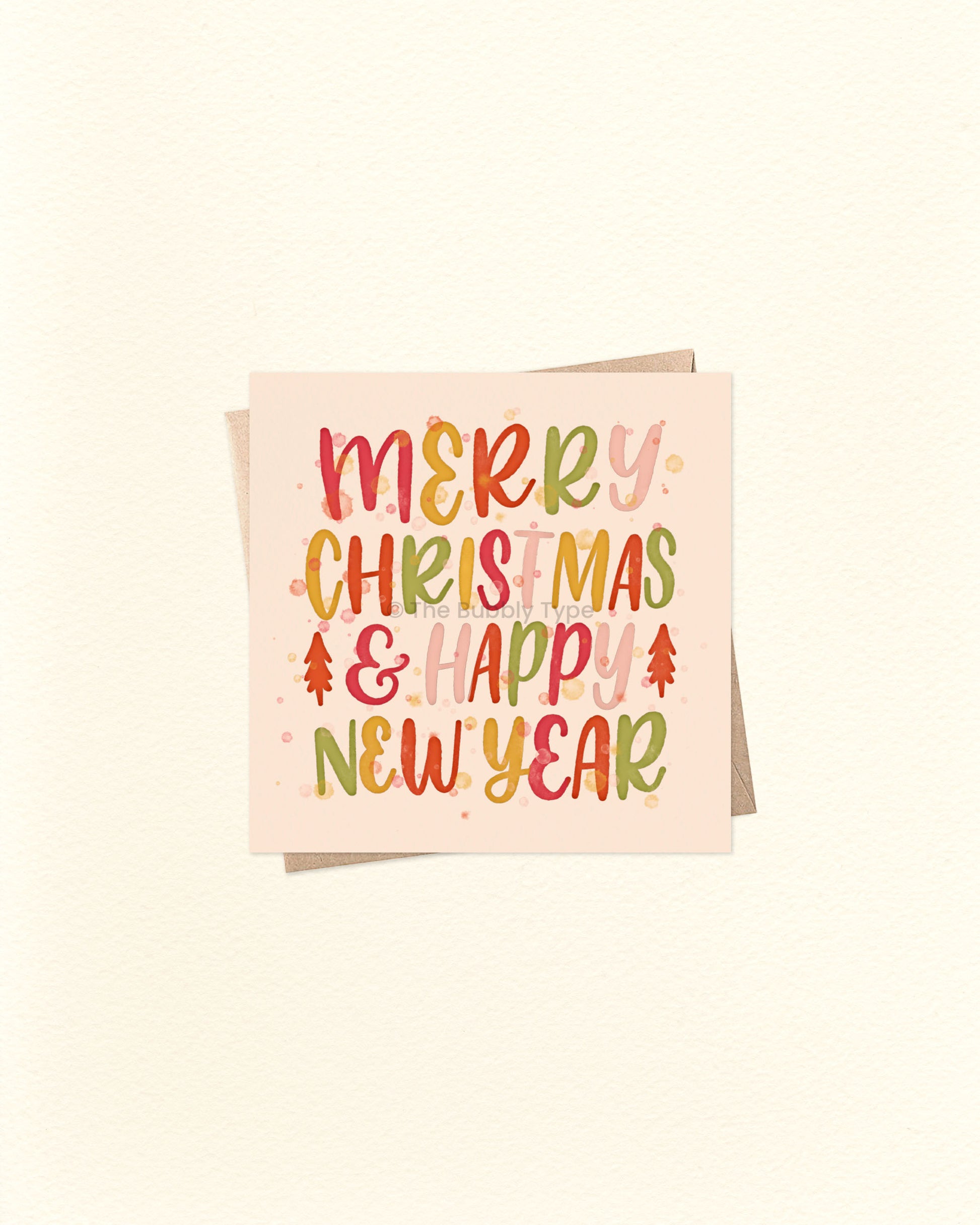 Christmas Greeting card with 'Merry Christmas & Happy New Year' text and a brown kraft envelope