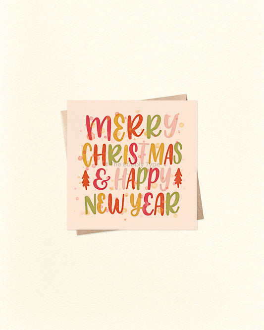 Christmas Greeting card with 'Merry Christmas & Happy New Year' text and a brown kraft envelope