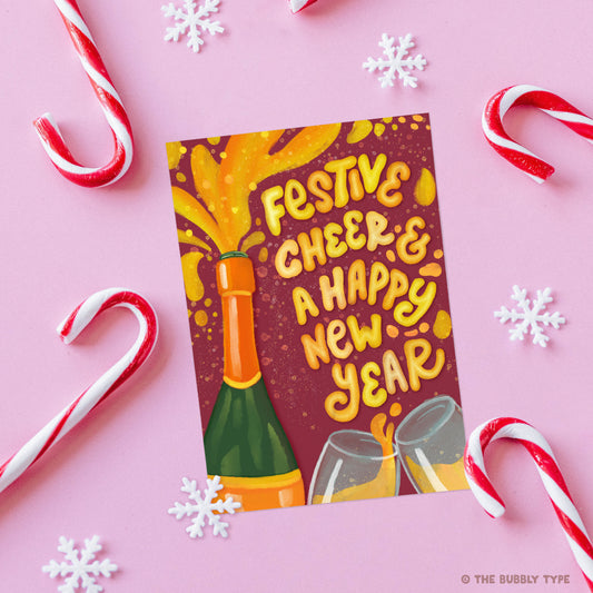 Festive Cheer & A Happy New Year- A6 Christmas Greeting Card