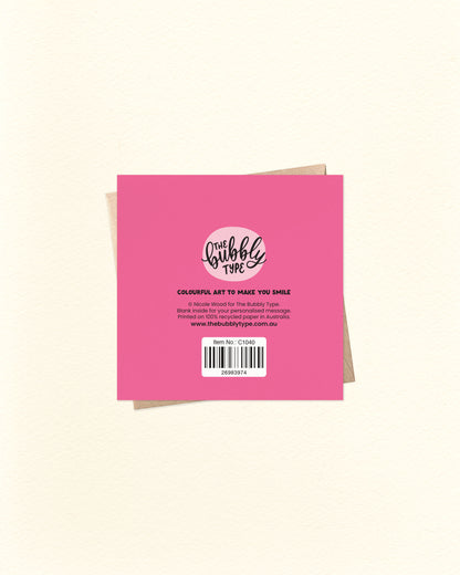 Back of a pink greeting card with 'The Bubble Type' branding and barcode