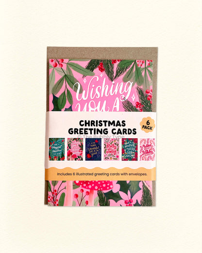 Front of The Bubbly Type classic Christmas card pack with six A6 size festive greeting cards, Australian made stationery with joyful holiday designs.