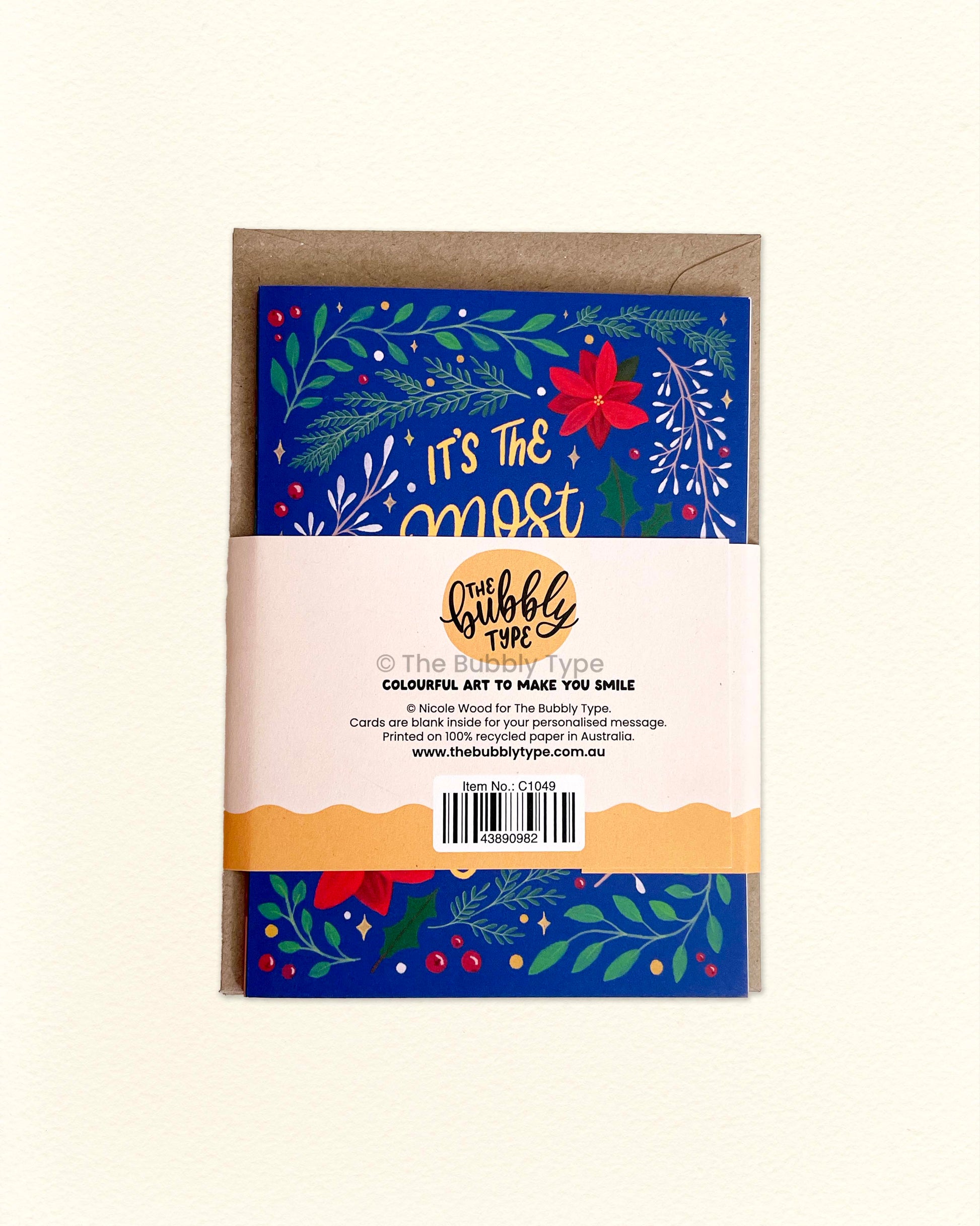 Back of A6 Christmas card set showing The Bubbly Type logo, eco-friendly packaging, and card details for this 6-pack Christmas stationery bundle.