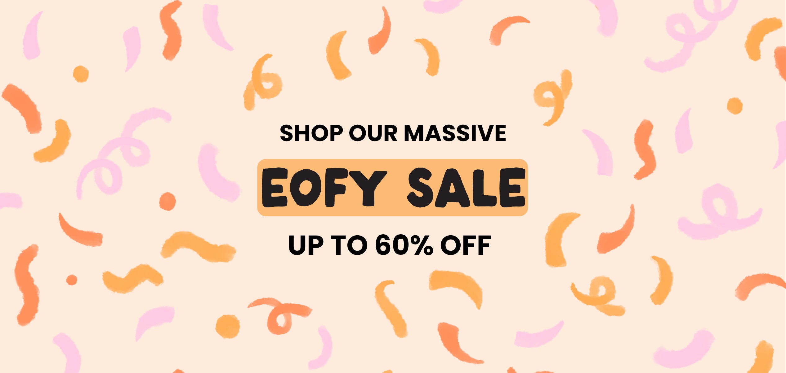 Promotional banner for EOFY sale with colorful abstract patterns on a beige background
