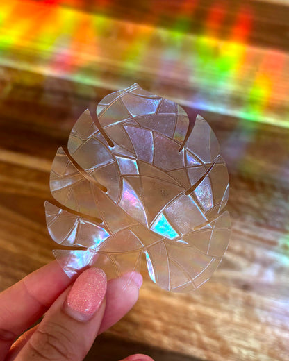 Decorative monstera leaf-shaped sun catcher sticker held by a hand with a colourful background