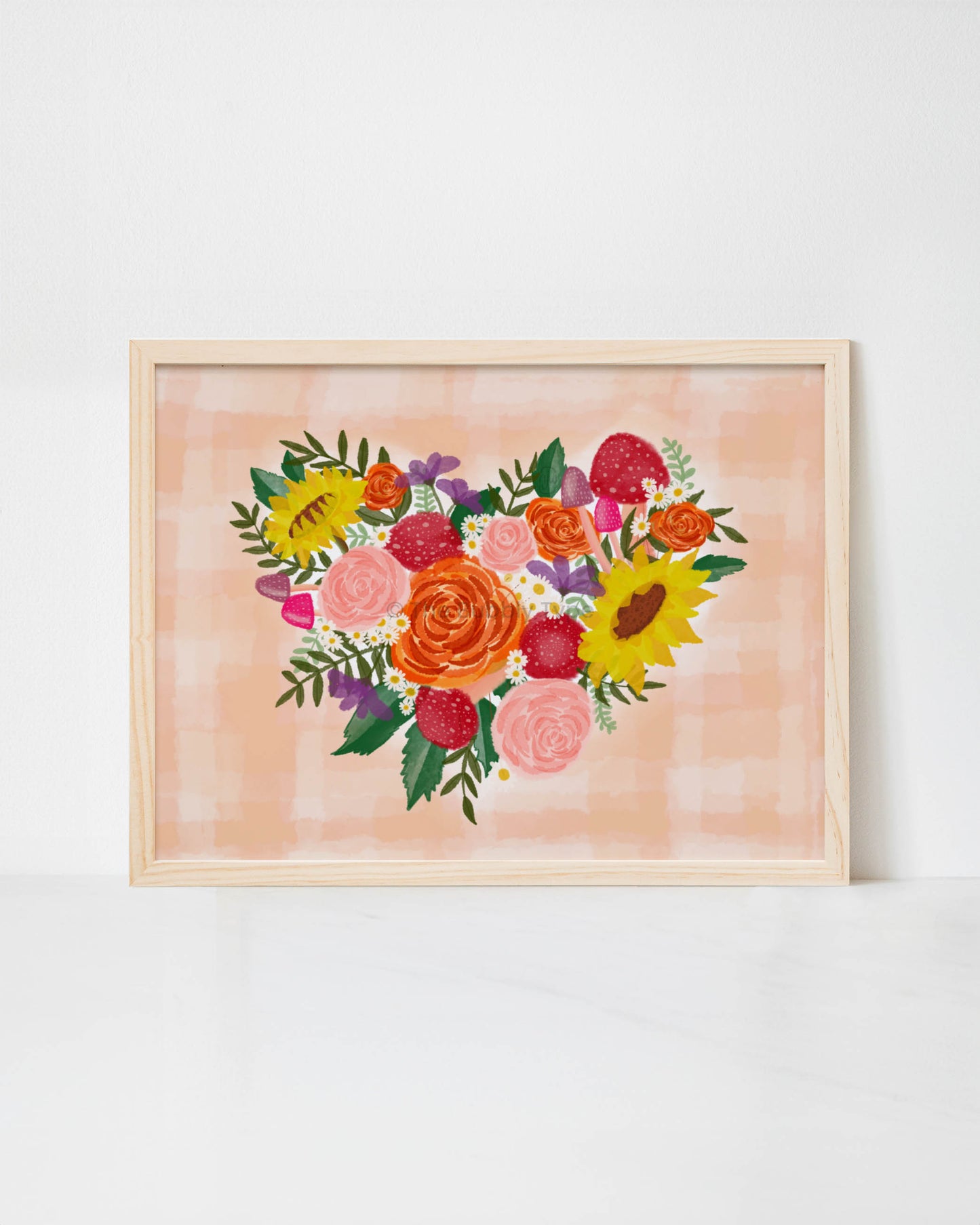 Brighten your space with this stunning heart-shaped floral and mushroom art print, designed for lovers of botanical wall art, watercolour illustrations, and nature-inspired decor. This Australian-made artwork is bursting with warm hues of orange, pink, red, and yellow, creating a lively and inviting aesthetic. Printed on 350gsm uncoated, 100% recycled paper, this ecofriendly floral print features a premium matte finish that enhances its soft watercolour details. Find a thoughtful gift for friends or family.