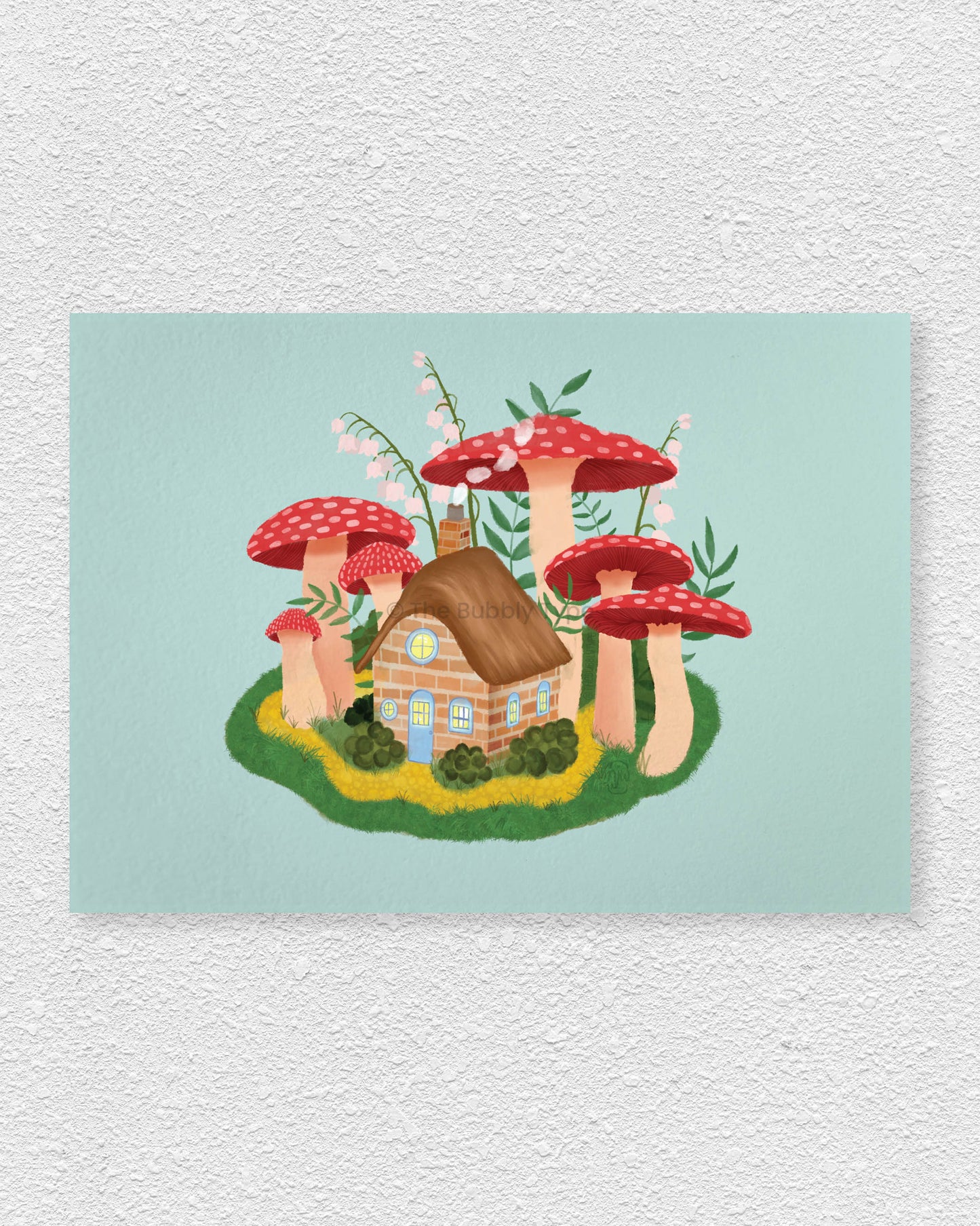 Bring a touch of magic to your walls with this whimsical forest art print, featuring a charming mushroom cottage surrounded by delicate lily of the valley flowers. With intricate details and a soft, storybook feel, this Australian-made art print is perfect for lovers of cottagecore, fantasy art, and botanical illustrations. Printed on 350gsm uncoated, 100% recycled paper, this eco-friendly decor piece has a premium matte finish for a natural, high-quality look. A wonderful choice for home decor, nursery art