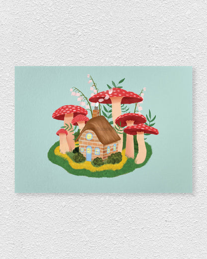 Bring a touch of magic to your walls with this whimsical forest art print, featuring a charming mushroom cottage surrounded by delicate lily of the valley flowers. With intricate details and a soft, storybook feel, this Australian-made art print is perfect for lovers of cottagecore, fantasy art, and botanical illustrations. Printed on 350gsm uncoated, 100% recycled paper, this eco-friendly decor piece has a premium matte finish for a natural, high-quality look. A wonderful choice for home decor, nursery art