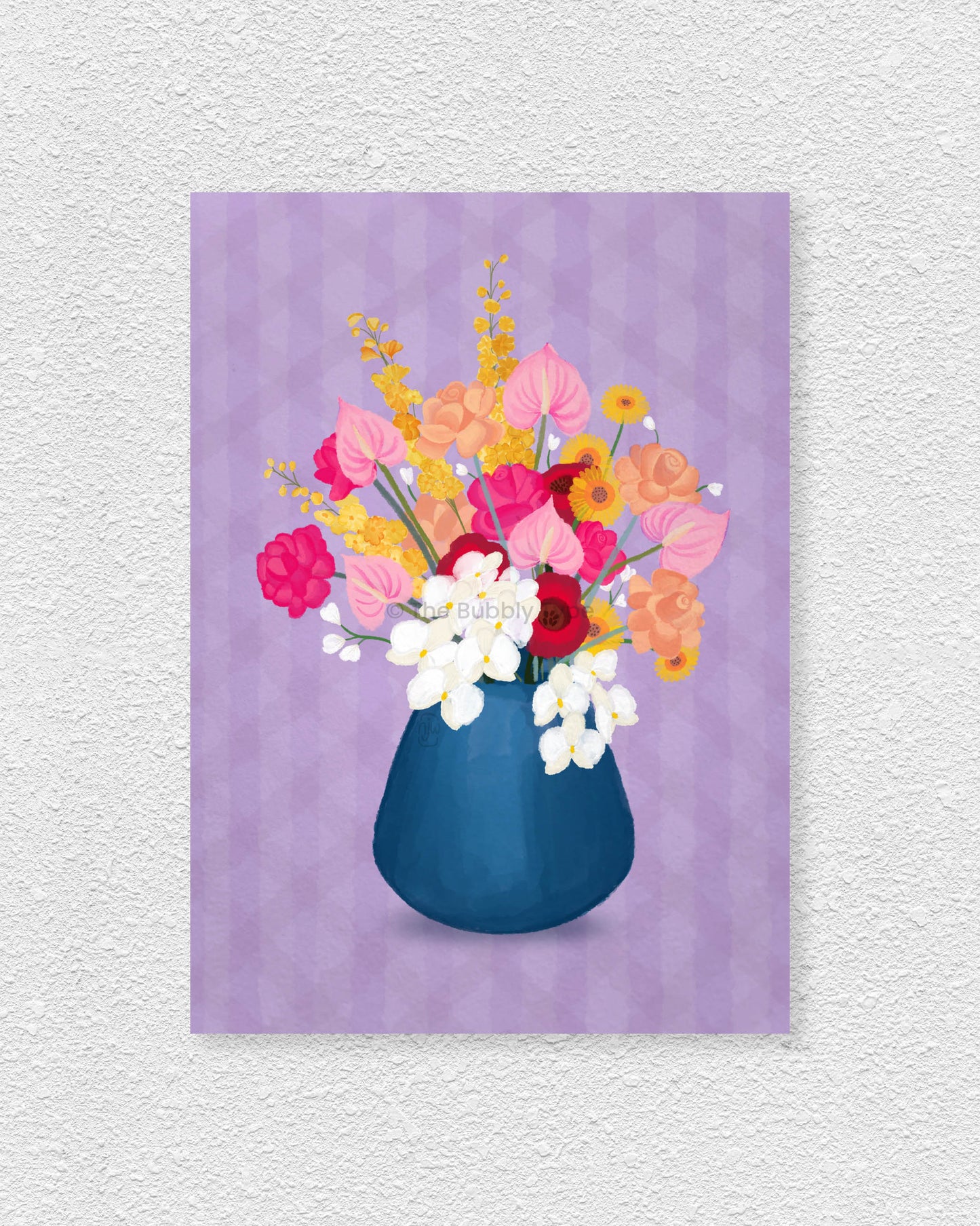 Looking for the perfect gift for a friend who loves art? This Australian-made art print features an original floral illustration of vibrant flowers in a striking blue vase, set against a bold purple background. A stunning wall decor, it’s perfect for brightening up a home office, bedroom, or living space. Printed on 100% recycled paper, this eco-friendly floral print has a premium matte finish for a natural, high-quality look. Great for a birthday gift, a housewarming present or a treat for yourself.