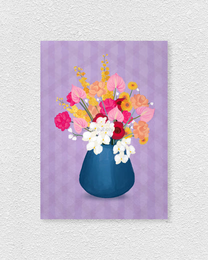 Looking for the perfect gift for a friend who loves art? This Australian-made art print features an original floral illustration of vibrant flowers in a striking blue vase, set against a bold purple background. A stunning wall decor, it’s perfect for brightening up a home office, bedroom, or living space. Printed on 100% recycled paper, this eco-friendly floral print has a premium matte finish for a natural, high-quality look. Great for a birthday gift, a housewarming present or a treat for yourself.