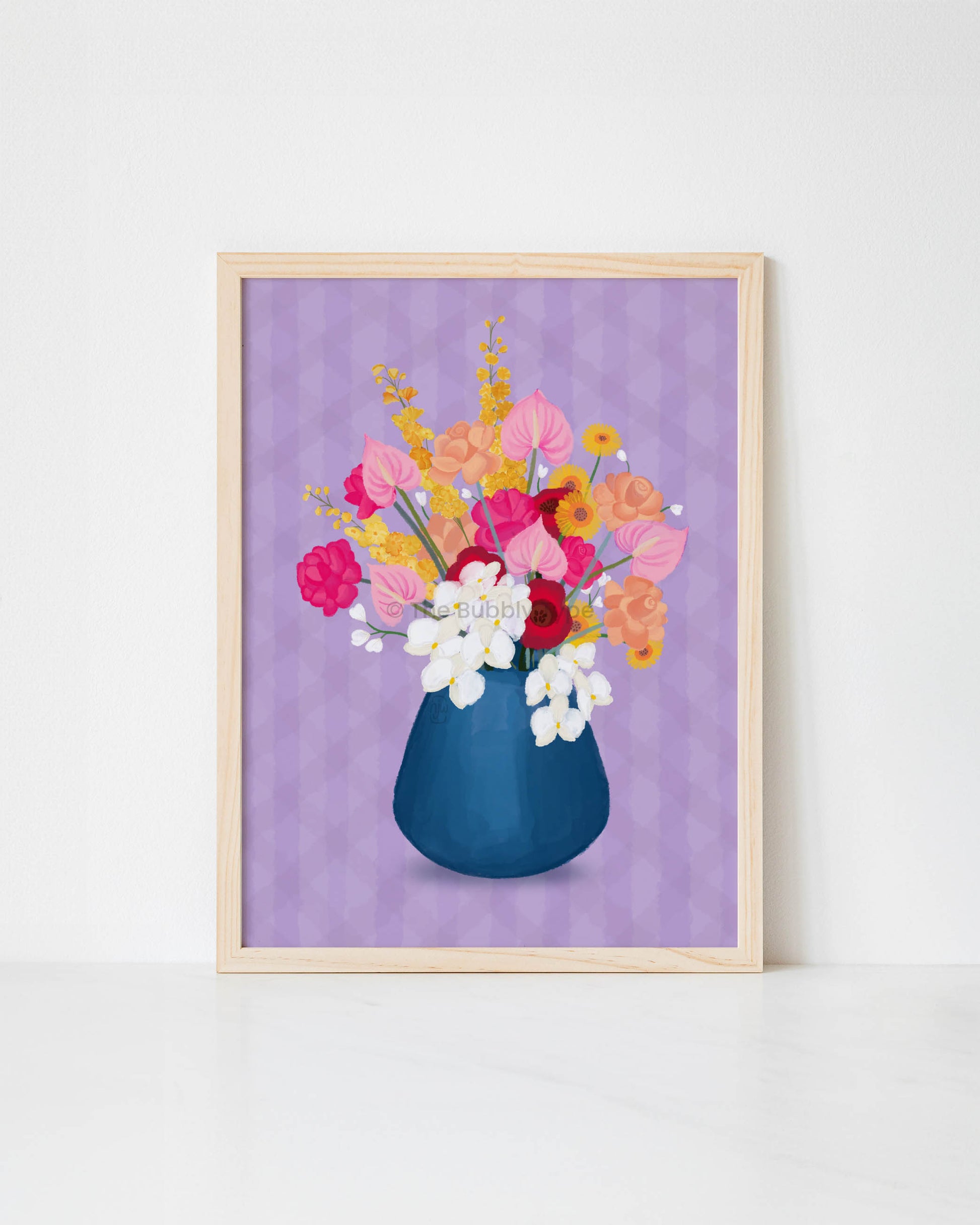 Brighten up your space with this Australian-made art print, featuring an original floral illustration of colourful flowers in a striking blue vase. Set against a bold purple background, this vibrant wall decor adds a pop of colour to any room. Printed on thick 100% recycled paper, this eco-friendly art print has a high-quality matte finish that enhances its rich tones. Perfect for those looking to buy original art, refresh their home with modern floral prints, or gift a unique piece of handmade Aussie Art.