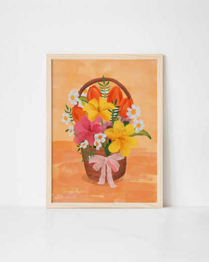 Add warmth and elegance to your space with this Australian-made art print, featuring an original floral illustration of a basket overflowing with vibrant flowers in rich, warm tones. Created in a watercolour style, this high-quality wall decor brings a soft, artistic touch to any home. Printed on 350gsm uncoated, 100% recycled paper, this eco-friendly floral print has a luxurious matte finish for a natural and refined look. Perfect for those looking to buy original art or find a thoughtful gift.
