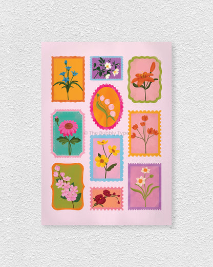 Poster with colourful illustrations of flowers on a light pink background