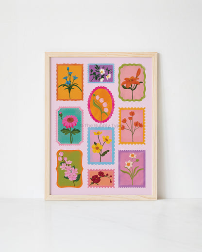 Framed artwork print with colourful floral stamps on a white background