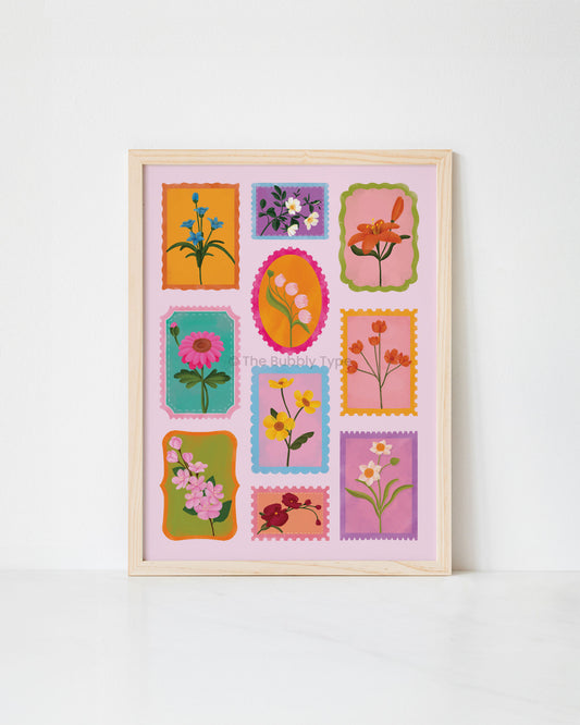 Framed artwork print with colourful floral stamps on a white background