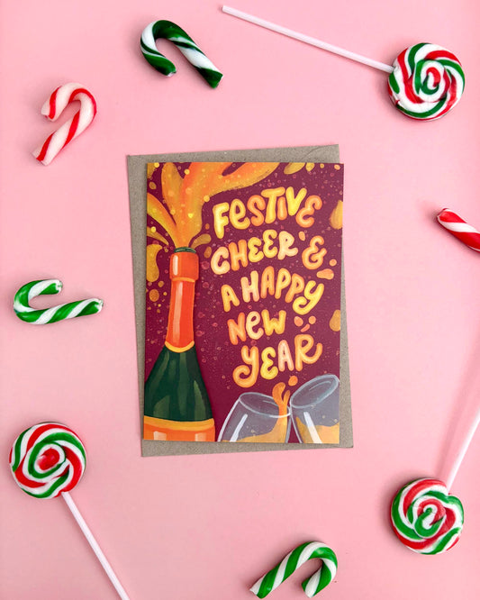 Festive Cheer & A Happy New Year- A6 Christmas Greeting Card