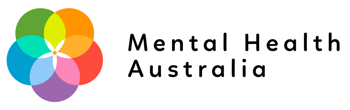 Mental Health Australia logo on a transparent background, featuring a colourful overlapping circles emblem on the left and the text 'Mental Health Australia' in black on the right.